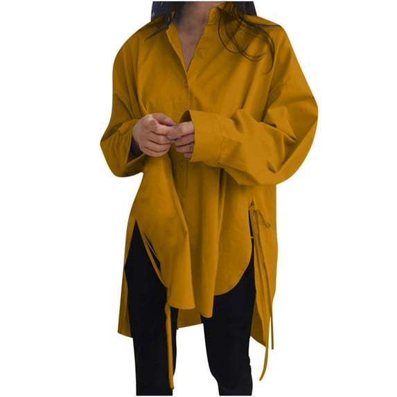 Taqqpue Women's Button Down Oversized Shirts Casual Long Sleeve High Low Plus Size Blouses Tops Split Hem Lightweight Solid Loose Lapel Tunic Shirts Blouses