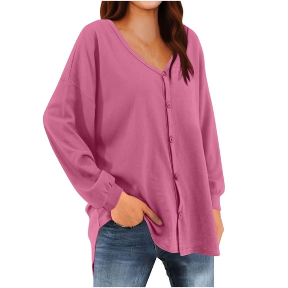 Taqqpue Women's Cardigan Sweaters Solid Color V Neck Long Sleeve Drop Shoulder Button Down Blouse Tops Fall Oufits Clothes Casual Plus Size Knit Jackets Tops