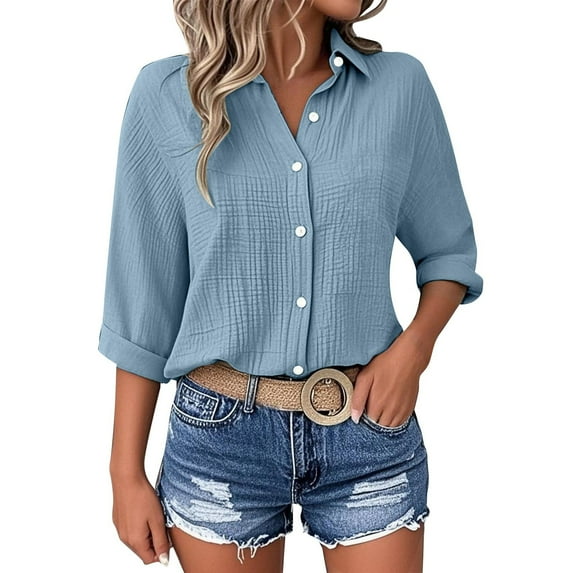 Taqqpue Women's Casual 3/4 Sleeve Shirts Solid Color Roll Up Sleeve Button Down Turn Down Collar T Shirt Loose Fit Plus Size Blouse Tops