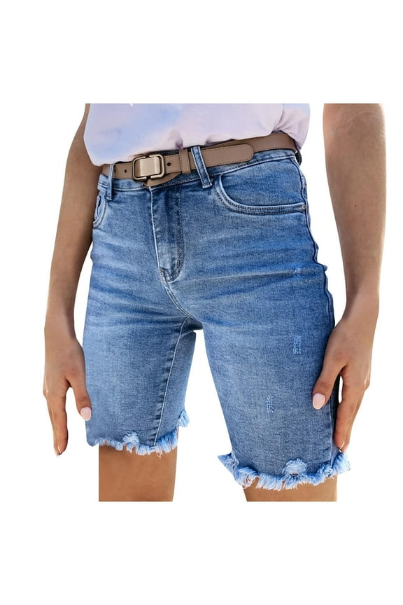 Women's Casual High Waist Straight Leg Jean Shorts Ripped Hem Denim Bermuda Shorts Trendy Stretchy Jean Shorts Knee Length Cutoff Loose Fit Long Shorts