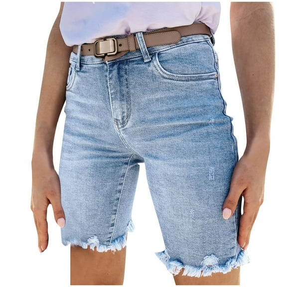 Taqqpue Women's Casual High Waist Straight Leg Jean Shorts Ripped Raw Hem Denim Bermuda Shorts Trendy Stretchy Jean Shorts Knee Length Cutoff Loose Fit Long Shorts