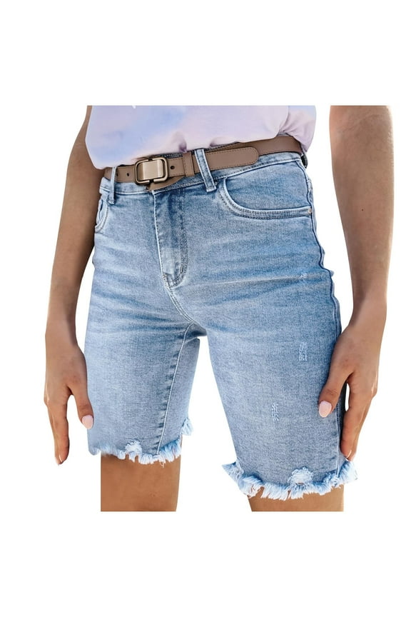 Women's Casual High Waist Straight Leg Jean Shorts Ripped Hem Denim Bermuda Shorts Trendy Stretchy Jean Shorts Knee Length Cutoff Loose Fit Long Shorts