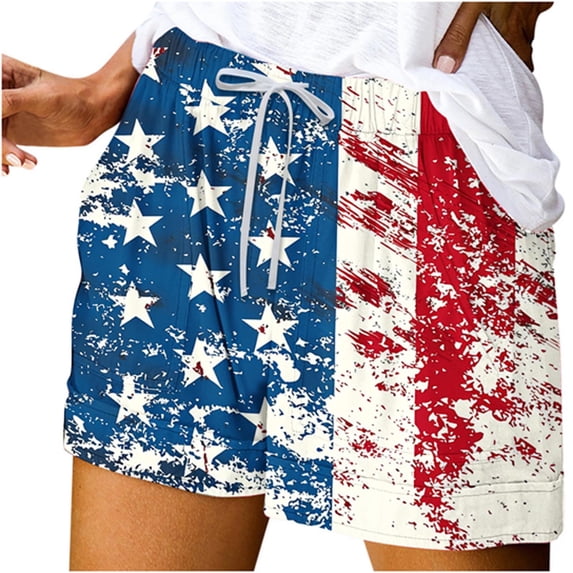 Taqqpue Women's Casual Shorts 4th July Patriotic Shorts Independence Day American USA Flag Printed Shorts Lightweight Elastic Waist Drawstring Summer Casual Shorts