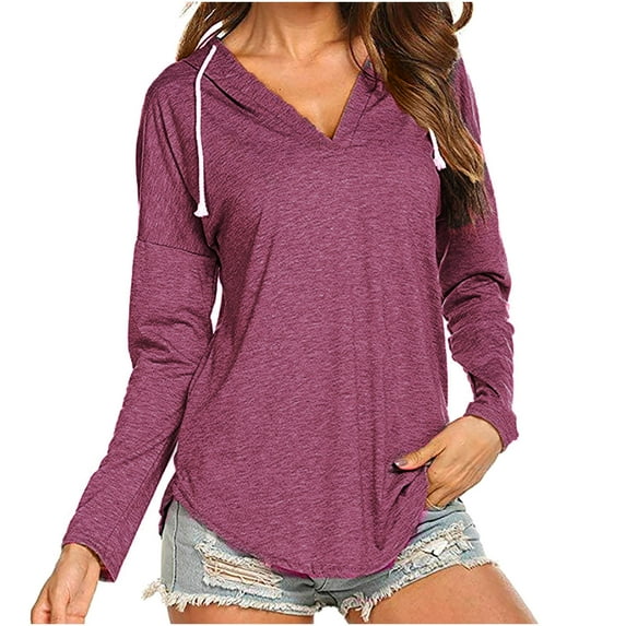 Taqqpue Women's Casual V Neck Hoodies Shirts Plus Size Solid Color Long Sleeve Drawstring Lightweight Shirts Pullover Tops Loose Oversized Sweatshirt Hooded Tops with Pocket