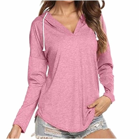 Taqqpue Women's Casual V Neck Hoodies Shirts Plus Size Solid Color Long Sleeve Drawstring Lightweight Shirts Pullover Tops Loose Oversized Sweatshirt Hooded Tops with Pocket