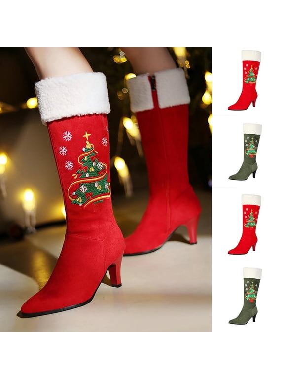 Women's Christmas Boots Knee High Round Toe Side Zip Christmas Style Fleece Lined Warm Comfortable Holiday Long Boots for Women Size 5-11 Fashion Dress Shoes Fall Winter Riding Footwear