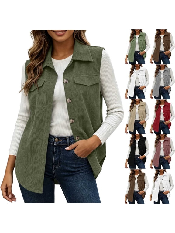Women's Corduroy Vest Lapel Button Down Sleeveless Cardigan Casual Loose Fit Waistcoat Fashion Outerwear Top Fall Winter Street Style for Women Size S-XXL