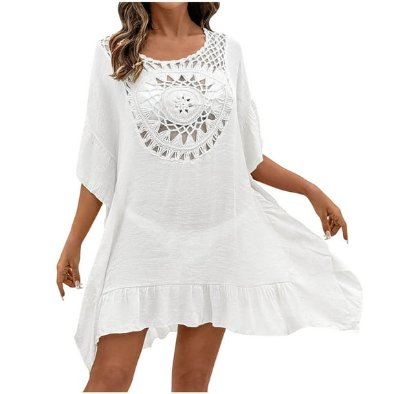 Taqqpue Women's Crochet Cover Up Solid Color Cutout Drop Shoulder 3/4 Sleeves Pullover Beachwear Bathing Suit