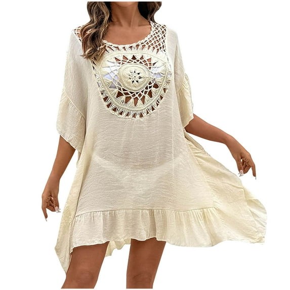 Taqqpue Women's Crochet Cover Up Solid Color Cutout Drop Shoulder 3/4 Sleeves Pullover Beachwear Bathing Suit