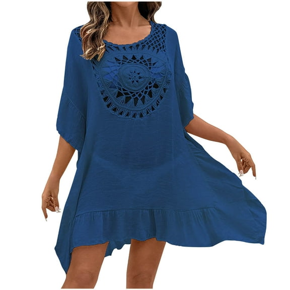 Taqqpue Women's Crochet Cover Up Solid Color Cutout Drop Shoulder 3/4 Sleeves Pullover Beachwear Bathing Suit