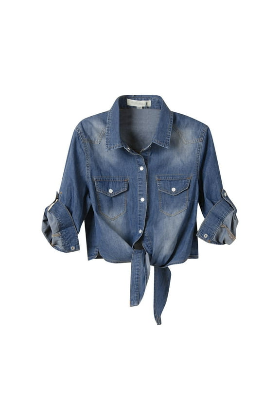Women's Denim Shirts Casual Solid Color Button Up Long Sleeve Tie Front Jean Crop Tops Loose Fit Jackets Outwear for Women
