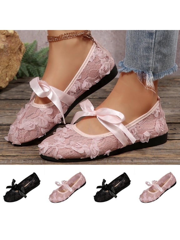 Women's Flats,Ballet Flats Shoes for Women Lace Mesh Closed Solid Color Round Top Pumps Lace Up Elegant Mary June Flats Bowknot Versatile Sweet Soft-Soled Pointed Toe Flat Shoes for Women