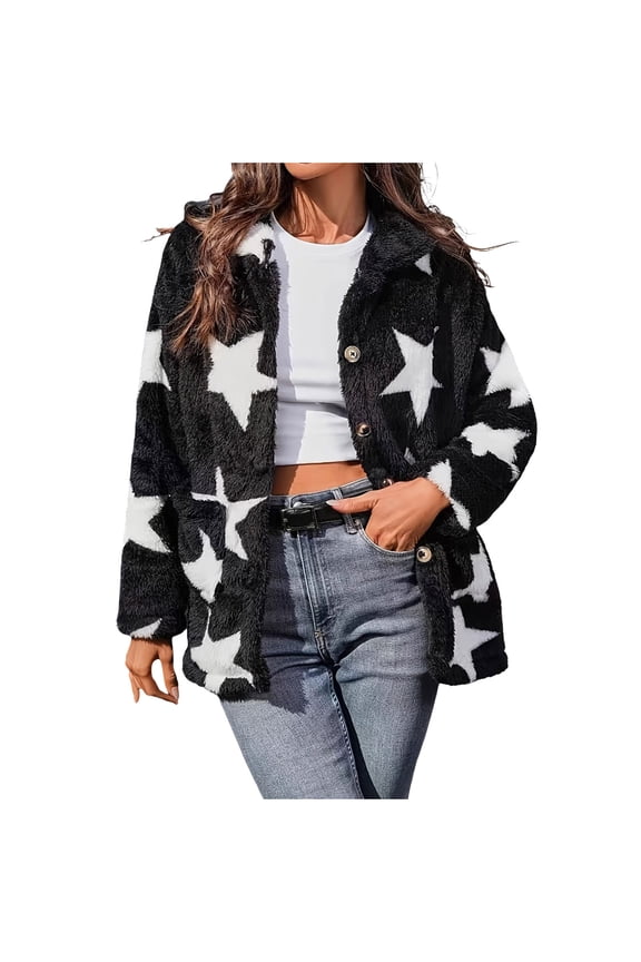 Women's Fleece Jacket Winter Fuzzy Star Jacket Outwear Oversized Button Down Sherpa Shacket Faux Fur Coat with Pocket