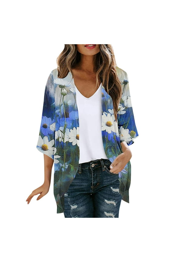 Women's Floral Print Kimono Puff Sleeve Cardigans Casual Summer Tops Open Front Lightweight Loose Casual Cover Up Blouse Tops