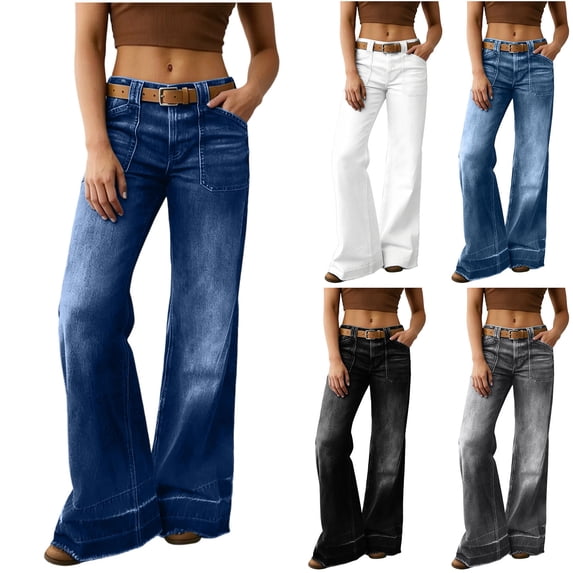 Taqqpue Women's High Rise Wide Leg Jeans Solid Color Stretch Pull On Jeans-Style Pants, Soft Plus Size Denim Pants with Pockets for Women