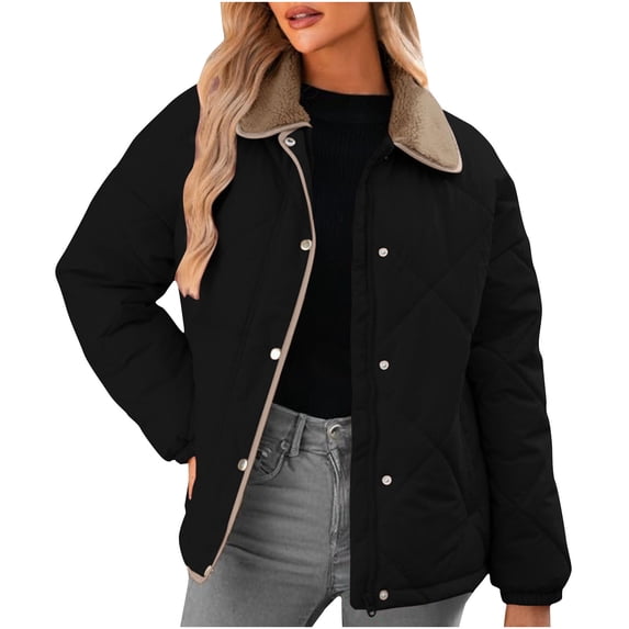 Taqqpue Women's Jackets Long Sleeve Button Down Collar Puffer Jacket Solid Color Winter Quilted Coats Outerwear with Pockets