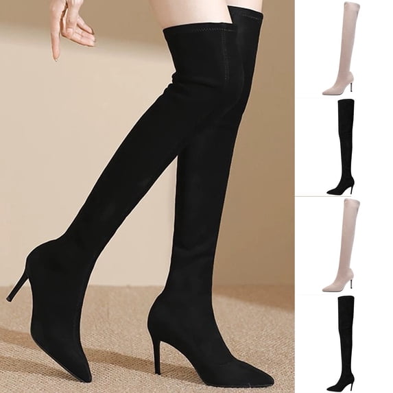Taqqpue Women's Over The Knee Boots Pointed Toe Slip On Stiletto High Heel Solid Color Sexy Thigh High Boots for Women Size 5.5-10.5 Sexy Fashion Dress Shoes Fall Winter Thigh High