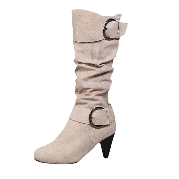 Taqqpue Women's Knee High Boots Riding Boots Women Slouch Round Toe Buckle Tall Boots Block Mid Heel Knee-High Boots
