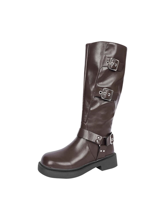 Women's Knee High Riding Boots Side Zipper Motorcycle Boots Square Toe Chunky Heel Fashion Buckles Biker Boots