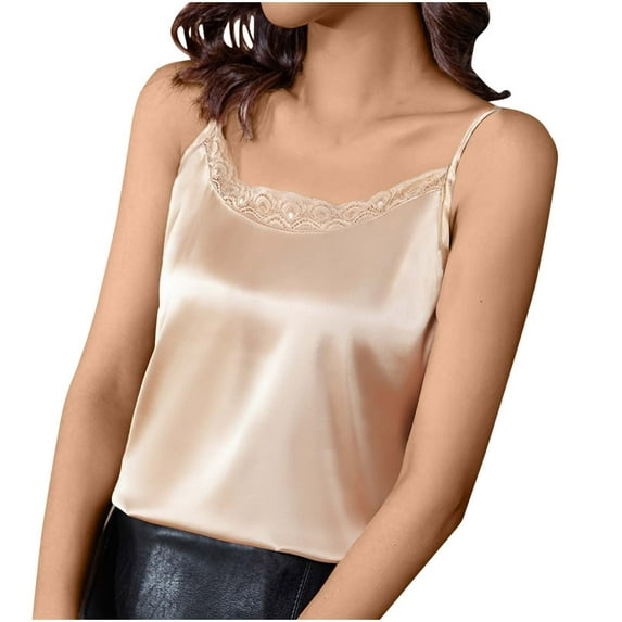 Taqqpue Women's Lace Silk Satin Pajama Tank Tops Scoop Neck Camisole Soft Spaghetti Strap T Shirts Loose Sleepwear Casual Loose Fit Solid Blouses Sexy Cami Shirts
