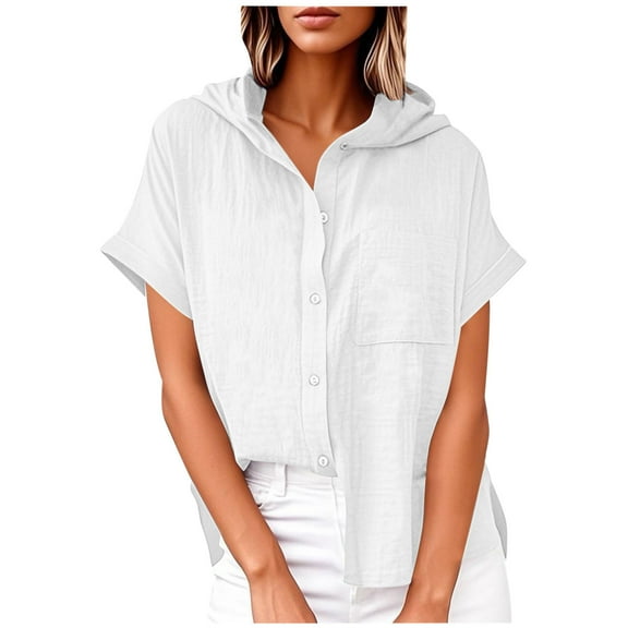 Taqqpue Women's Linen Hoodies Tops Short Sleeve Hoodies Casual Tops Button Front V Neck T-Shirts Lightweight Summer Beach Tee Tops with Pocket