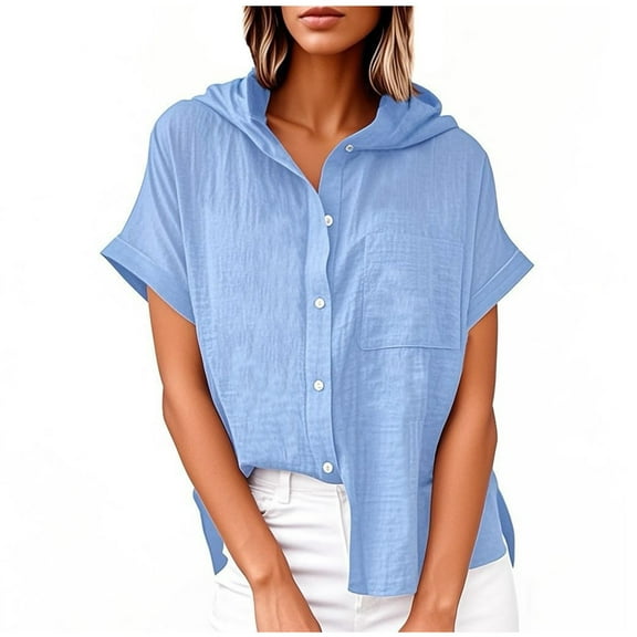 Taqqpue Women's Linen Hoodies Tops Short Sleeve Hoodies Casual Tops Button Front V Neck T-Shirts Lightweight Summer Beach Tee Tops with Pocket