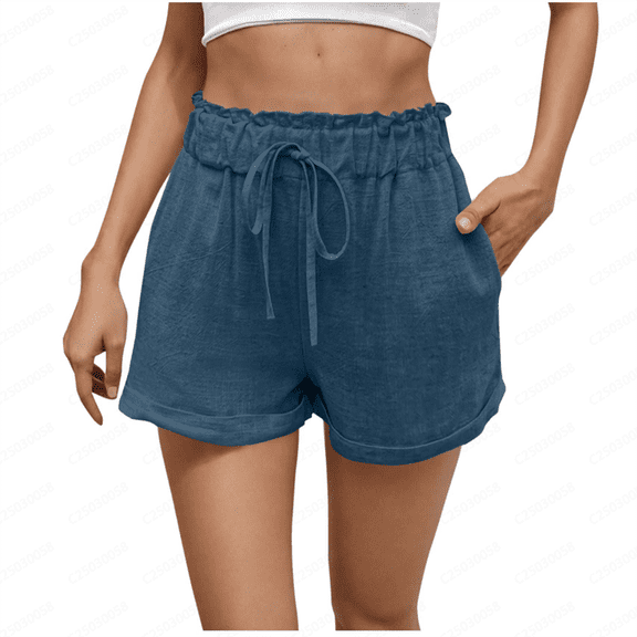Taqqpue Women's Linen Shorts Casual Summer Solid Shorts Lightweight Beach Vacation Outfit High Waisted Elastic Drawstring Wide Leg Shorts with Pockets