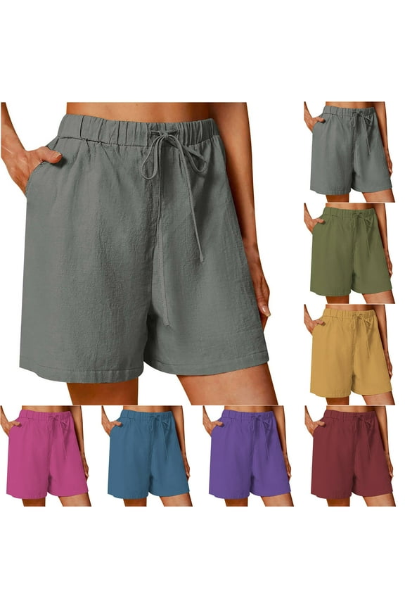 Women's Linen Shorts Elastic Waist Casual Comfy Summer Shorts Pull on Beach Shorts Wide Leg Drawstring Plus Size Shorts with Pockets
