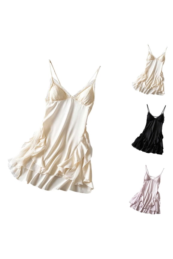 Women's Lingerie Lace Sleepwear V-neck Chemise Full Slip Nightshirt Cami Sleepdress Solid Color Spaghetti Strap Nightgown for Women