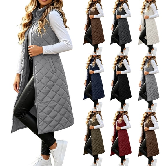 Taqqpue Women's Long Puffer Vest Hoodless Full Zip Sleeveless Casual Jacket with Pockets Fall Winter Keep Warm Daily Outerwear Lightweight Trendy Street Style Coat with Pockets for Women Size S-XXXL