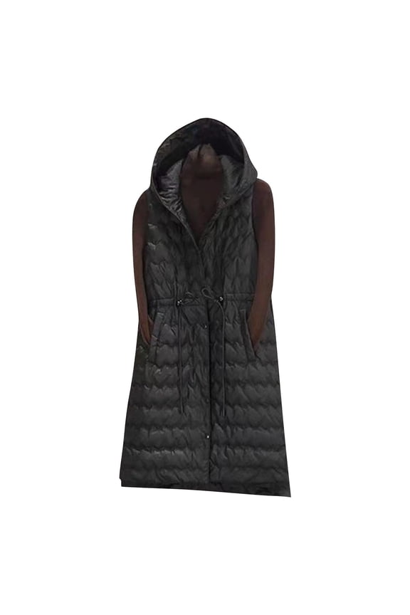 Women's Long Quilted Puffer Vest Solid Color Sleeveless Hooded Padded Coats Jacket Winter Keep Warm Oversize Outerwear with Pockets for Women