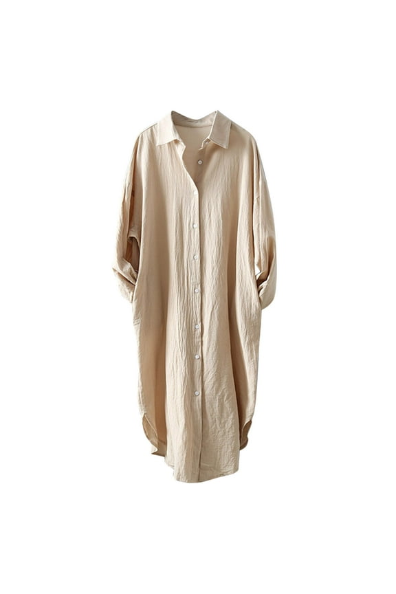 Women's Long Sleeve Button Down Oversized Maxi Shirt Dress Casual Plus Size Lightweight Plain Blouses Tops Plus Size Solid Color Tunic Shirts Cotton Long Dress Loungewear