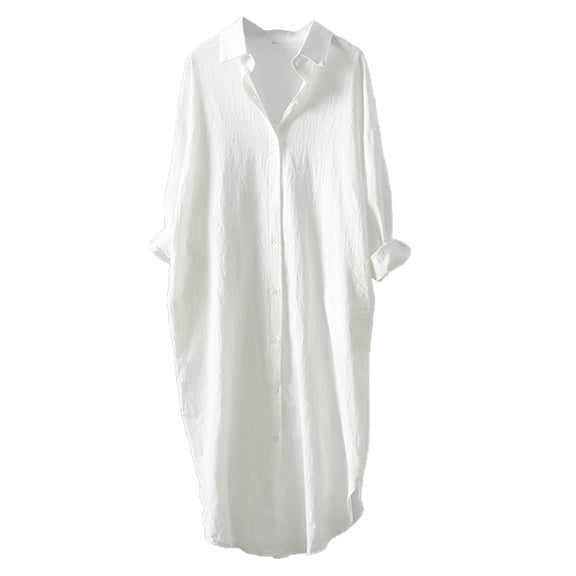 Taqqpue Women's Long Sleeve Button Down Oversized Maxi Shirt Dress Casual Plus Size Lightweight Plain Blouses Tops Plus Size Solid Color Tunic Shirts Cotton Long Dress Loungewear