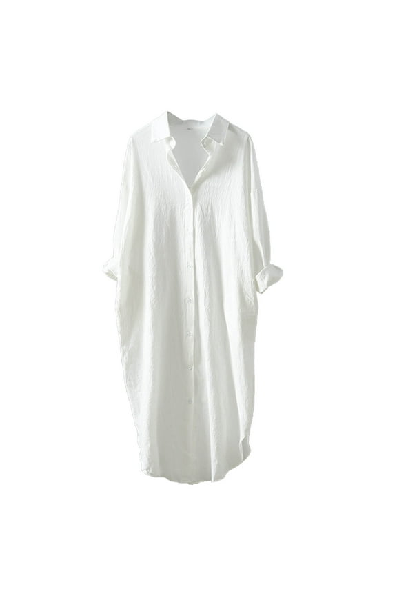 Women's Long Sleeve Button Down Oversized Maxi Shirt Dress Casual Plus Size Lightweight Plain Blouses Tops Plus Size Solid Color Tunic Shirts Cotton Long Dress Loungewear