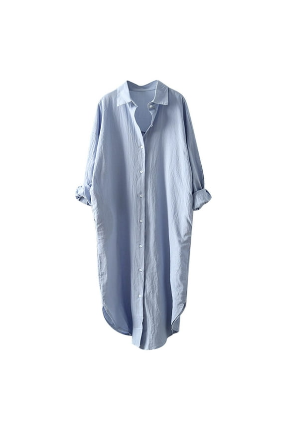 Women's Long Sleeve Button Down Oversized Maxi Shirt Dress Casual Plus Size Lightweight Plain Blouses Tops Plus Size Solid Color Tunic Shirts Cotton Long Dress Loungewear