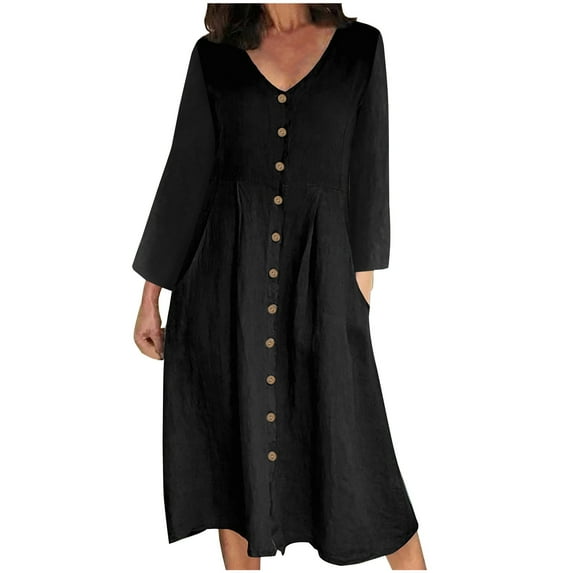 Taqqpue Women's Long Sleeve Cotton Linen Fall Dress Solid Color V-Neck Button Down Midi Dress Elegant Casual Loose Dress with Pockets Fall Winter Holiday Dress Plus Size S-5XL