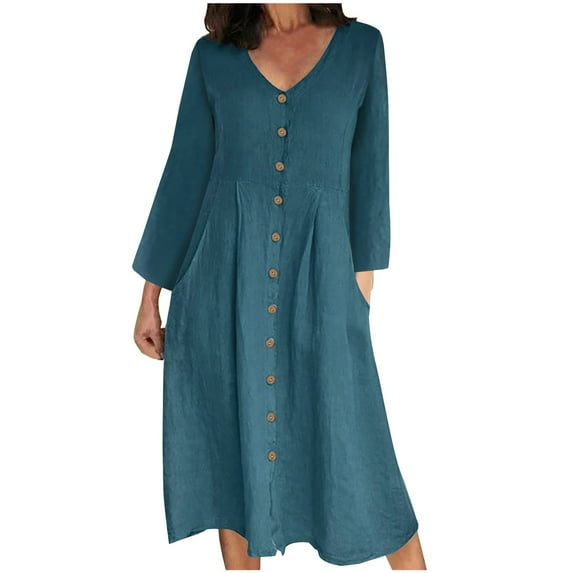 Taqqpue Women's Long Sleeve Cotton Linen Fall Dress Solid Color V-Neck Button Down Midi Dress Elegant Casual Loose Dress with Pockets Fall Winter Holiday Dress Plus Size S-5XL