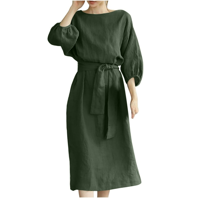 Bell Sleeve Solid Color Knee length Round Neck Plus Size Vacation Dresses