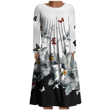 Taqqpue Women's Long Sleeve Round Neck T Shirt Dresses Casual Loose Floral A-Line Swing Dress with Pockets