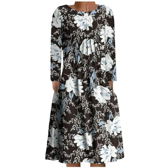 Taqqpue Women's Long Sleeve Round Neck T Shirt Dresses Casual Loose Floral A-Line Swing Dress with Pockets