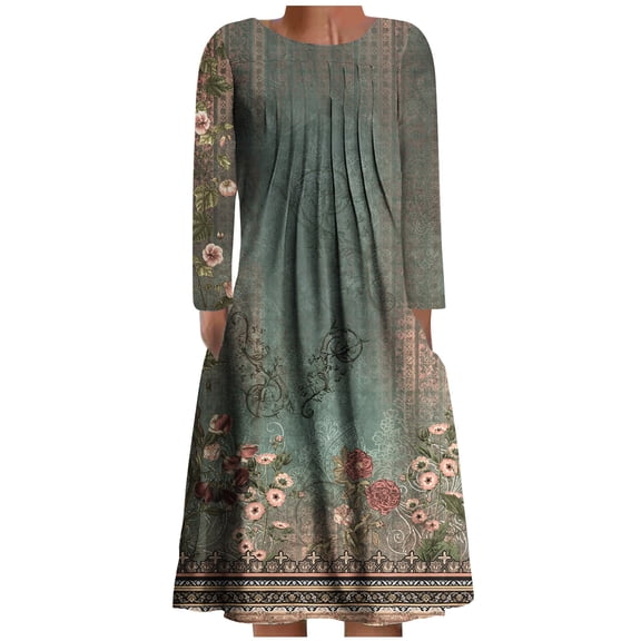 Taqqpue Women's Long Sleeve Round Neck T Shirt Dresses Casual Loose Floral A-Line Swing Dress with Pockets