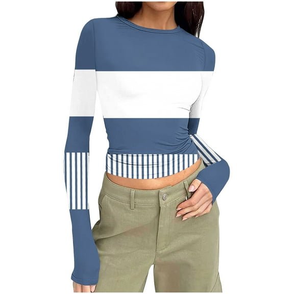 Taqqpue Women's Long Sleeve Shirts Casual Crew Neck Striped Print Crop Tops Basic Going Out Slim Fit Tight Y2K Blouse Tops