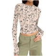 thumbnail image 1 of Taqqpue Women's Long Sleeve Shirts Casual Floral Print Crew Neck Crop Tops Basic Going Out Slim Fit Tight Y2K Blouse Tops, 1 of 7