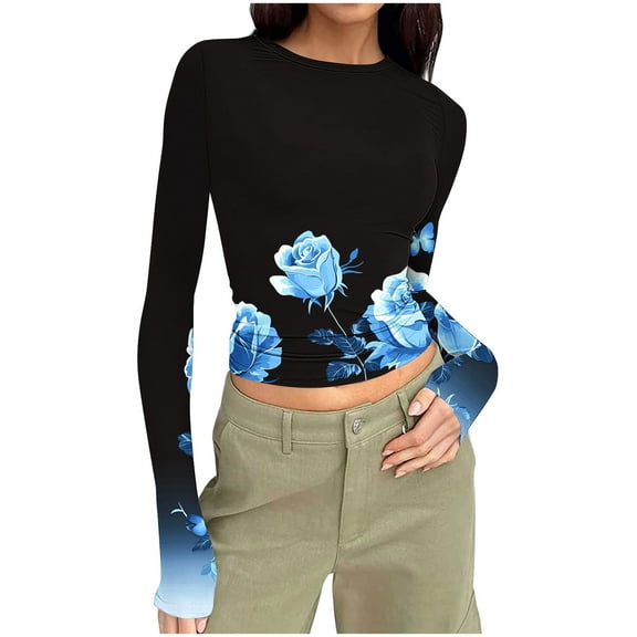 Taqqpue Women's Long Sleeve Shirts Casual Floral Print Crew Neck Crop Tops Basic Going Out Slim Fit Tight Y2K Blouse Tops