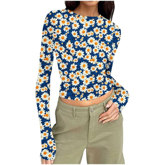 Taqqpue Women's Long Sleeve Shirts Casual Floral Print Crew Neck Crop Tops Basic Going Out Slim Fit Tight Y2K Blouse Tops