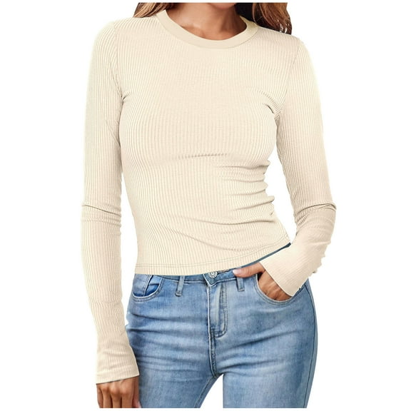 Taqqpue Women's Long Sleeve T Shirt Casual Ribbed Knit Sweaters for Women Crewneck Sweatshirts Slim Fit Tee T-Shirts Solid Color Basic Tee Tops Blouses