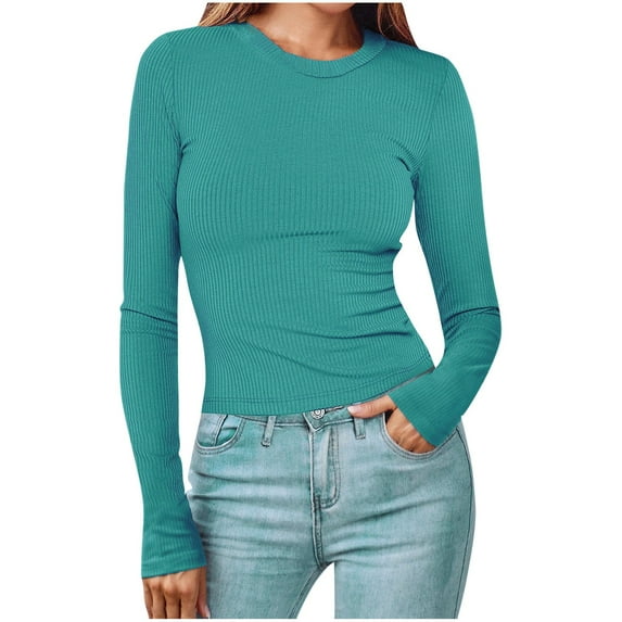 Taqqpue Women's Long Sleeve T Shirt Casual Ribbed Knit Sweaters for Women Crewneck Sweatshirts Slim Fit Tee T-Shirts Solid Color Basic Tee Tops Blouses