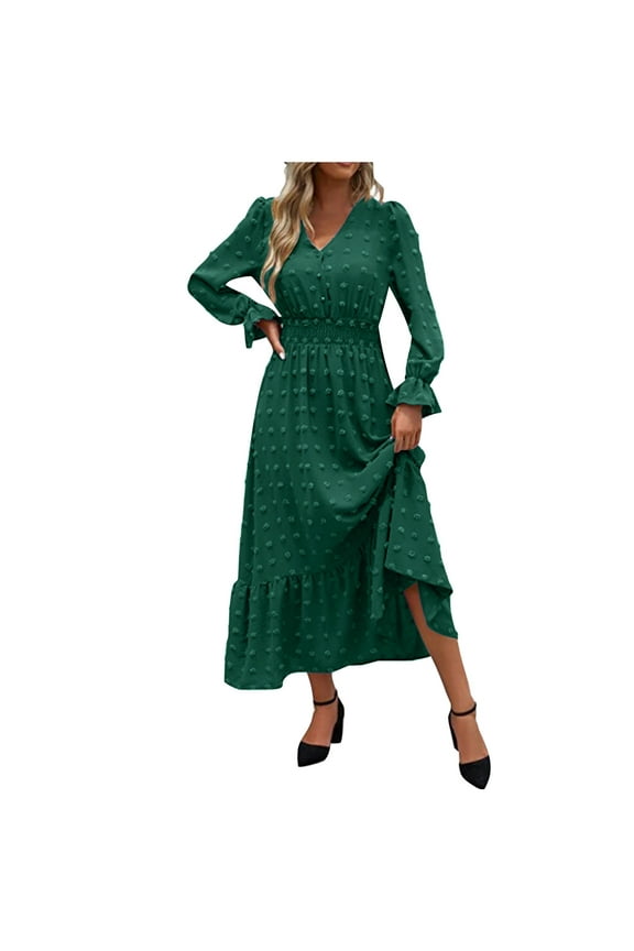 Women's Long Sleeve V Neck Button Maxi Dress Casual Swiss Dots Bohemian Flowy Pleated A-Line Long Dress Fall Winter Holiday Boho Midi Dress Cocktail Wedding Guest Dresses for Women