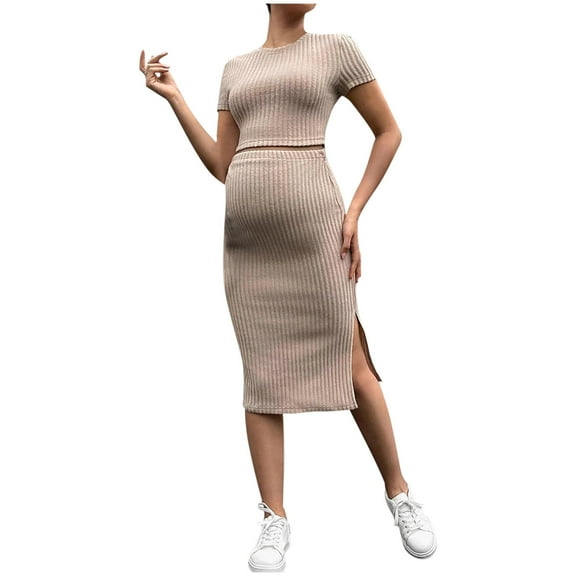 Taqqpue Women's Maternity 2 Piece Outfits Set Top & Skirts Pregnancy Clothes, Short Sleeve Crew Neck Crop Comfy Casual Tee Shirt and Split Skirts Sets