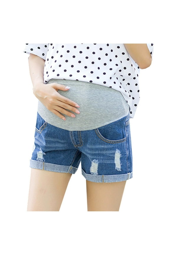 Women's Maternity Denim Shorts Over Ripped Distressed Folded Hem Jean Shorts Comfy Summer Pregnancy Shorts